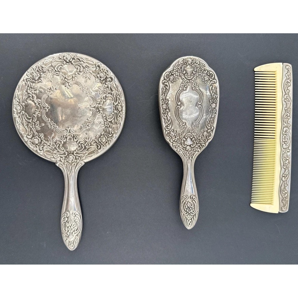 Vintage 3 Pc Silver Tone Vanity Set Hand Mirror Brush Comb Ornate Floral